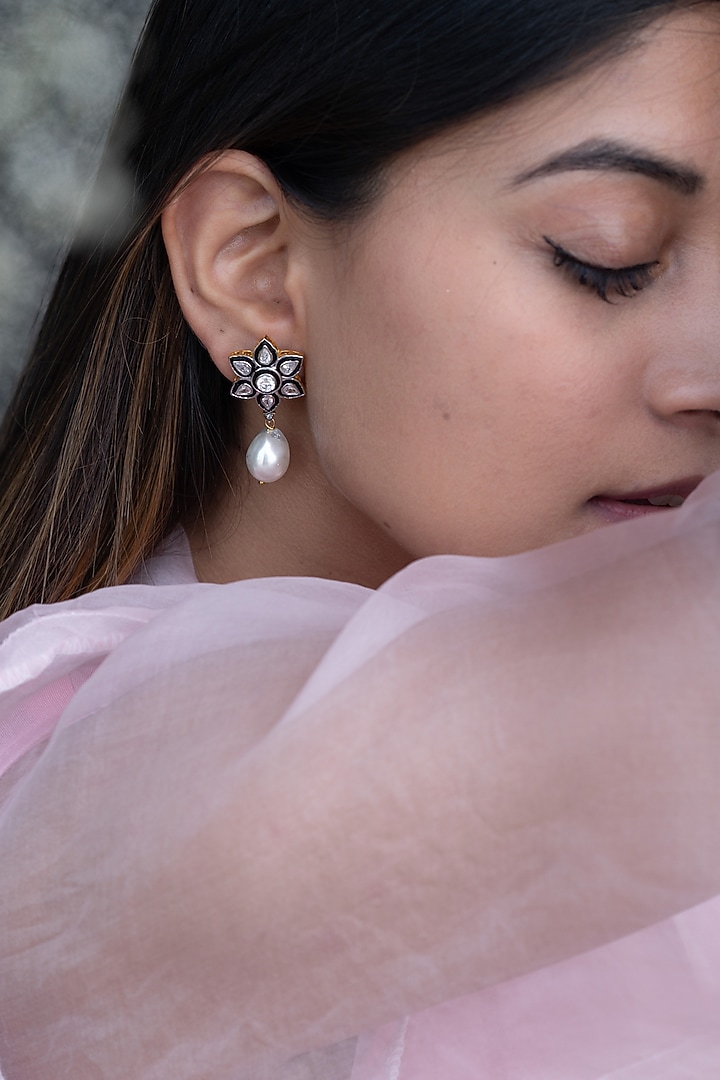 Rhodium Plated Silver Polki & Pearl Floral Earrings by Do Taara at Pernia's Pop Up Shop