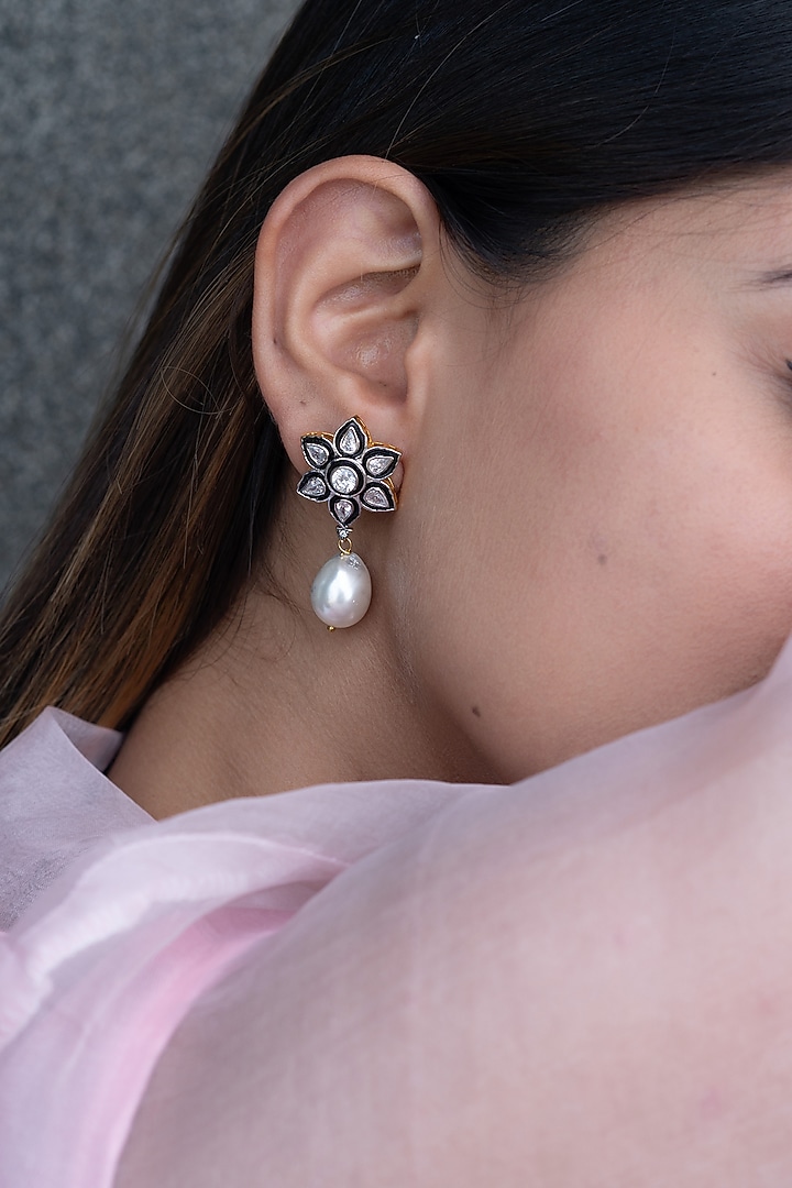 Rhodium Plated Silver Polki & Pearl Floral Earrings by Do Taara at Pernia's Pop Up Shop