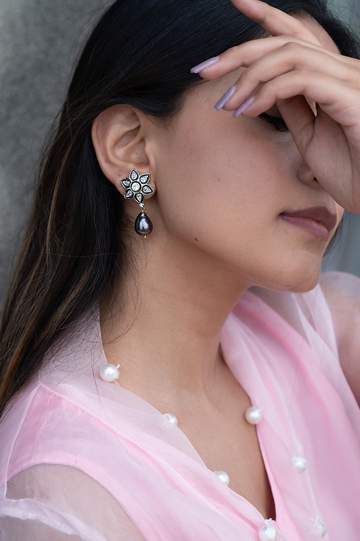 Rhodium Plated Grey Polki & Pearl Floral Earrings by Do Taara at Pernia's Pop Up Shop