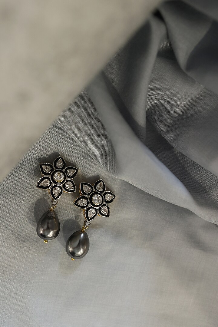 Rhodium Plated Grey Polki & Pearl Floral Earrings by Do Taara at Pernia's Pop Up Shop
