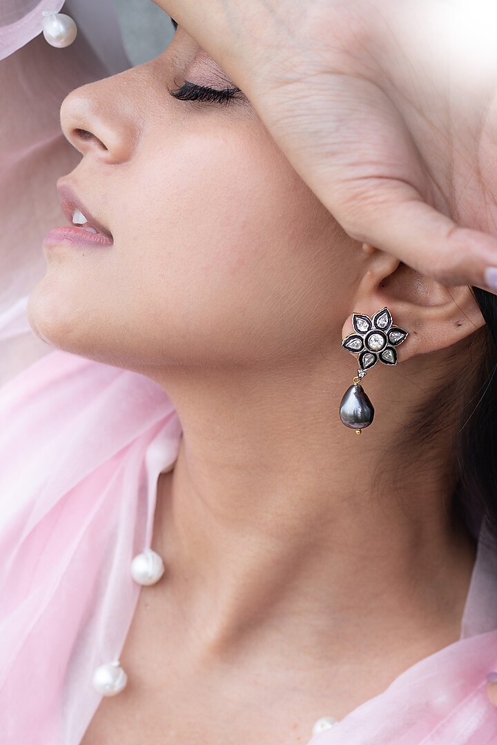 Rhodium Plated Grey Polki & Pearl Floral Earrings by Do Taara at Pernia's Pop Up Shop
