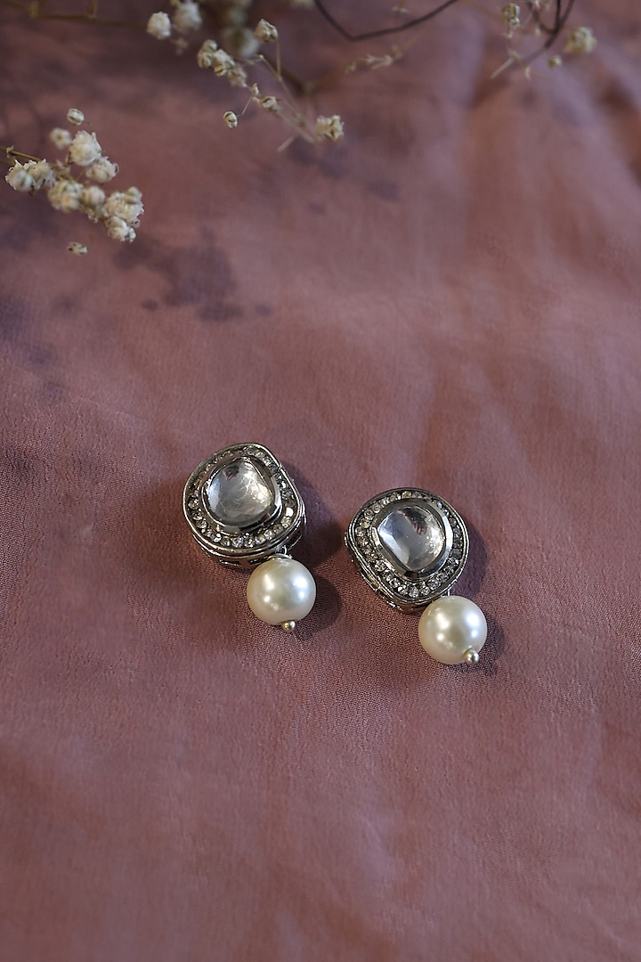 Rhodium Plated Polki & Cubic Zirconia Earrings by Do Taara at Pernia's Pop Up Shop