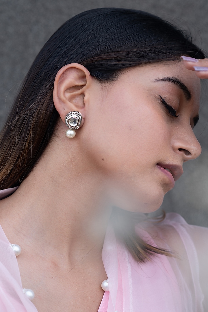 Rhodium Plated Polki & Cubic Zirconia Earrings by Do Taara at Pernia's Pop Up Shop