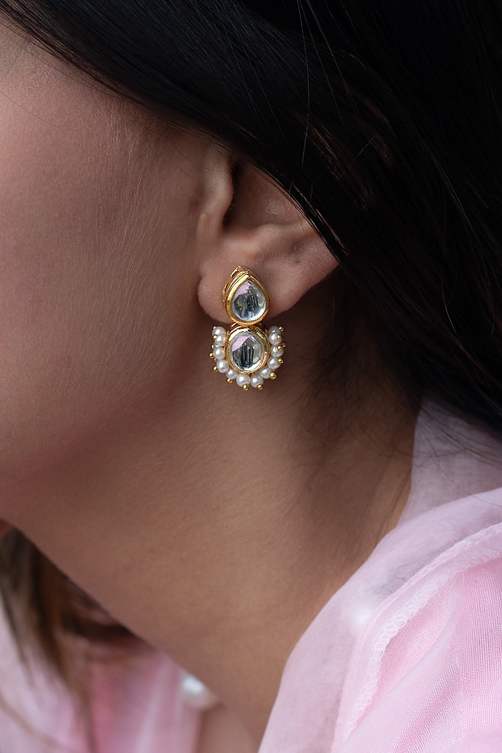 Gold Plated Kundan Polki & Pearl Earrings by Do Taara at Pernia's Pop Up Shop