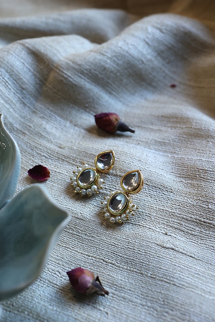 Gold Plated Kundan Polki & Pearl Earrings by Do Taara at Pernia's Pop Up Shop