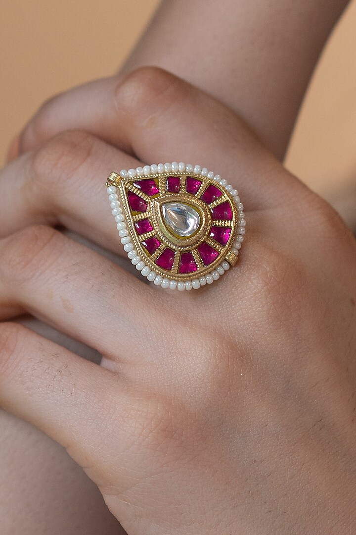 Gold Plated Red Kundan Polki Ring by Do Taara at Pernia's Pop Up Shop