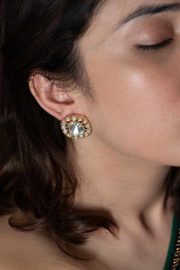 Gold Plated Kundan Polki Stud Earrings by Do Taara at Pernia's Pop Up Shop