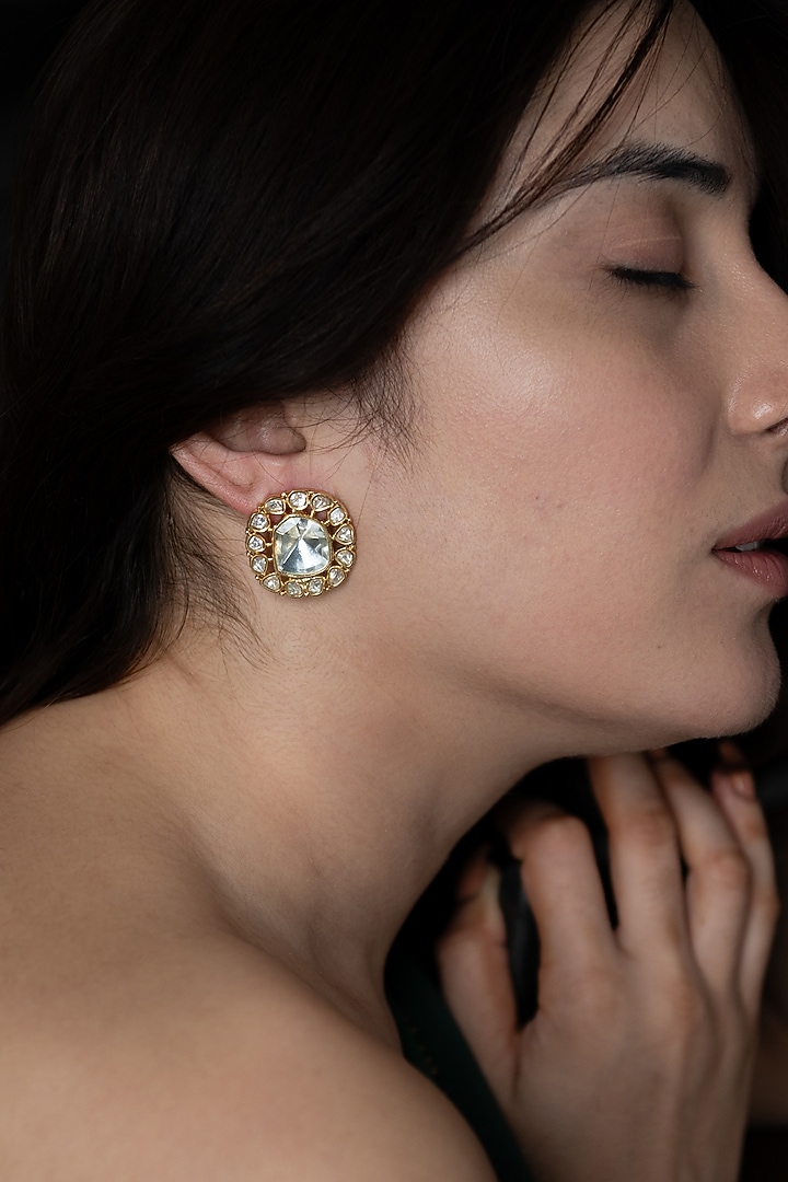 Gold Plated Kundan Polki Stud Earrings by Do Taara at Pernia's Pop Up Shop