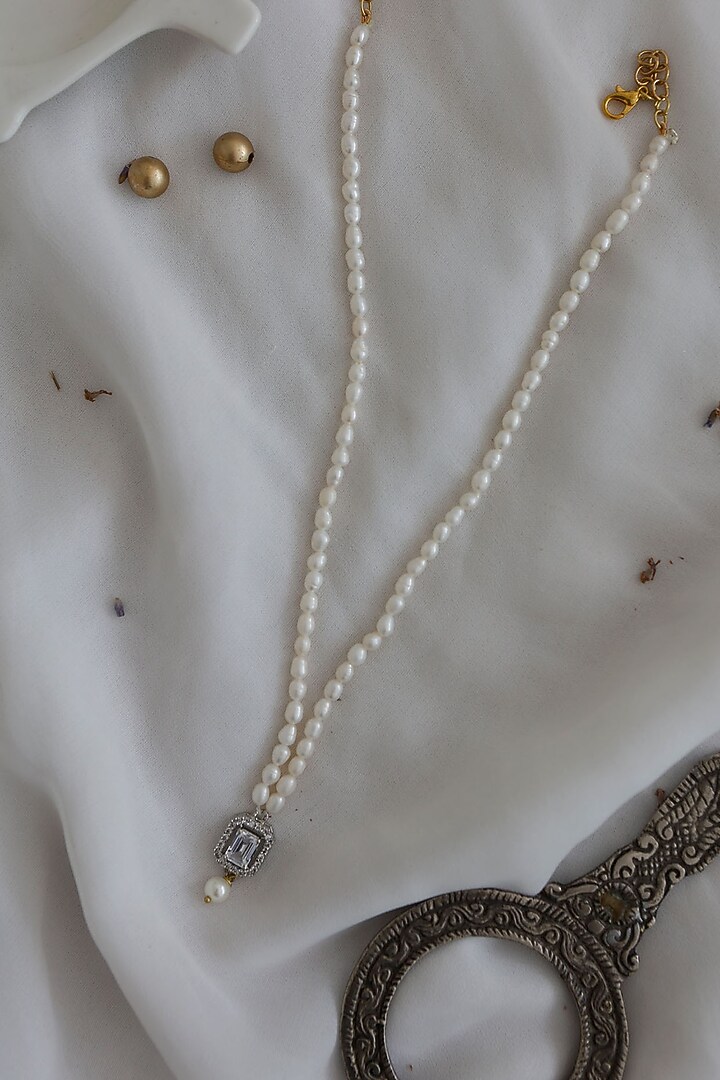 Rhodium Plated Faux Diamond & Pearl Necklace by Do Taara at Pernia's Pop Up Shop