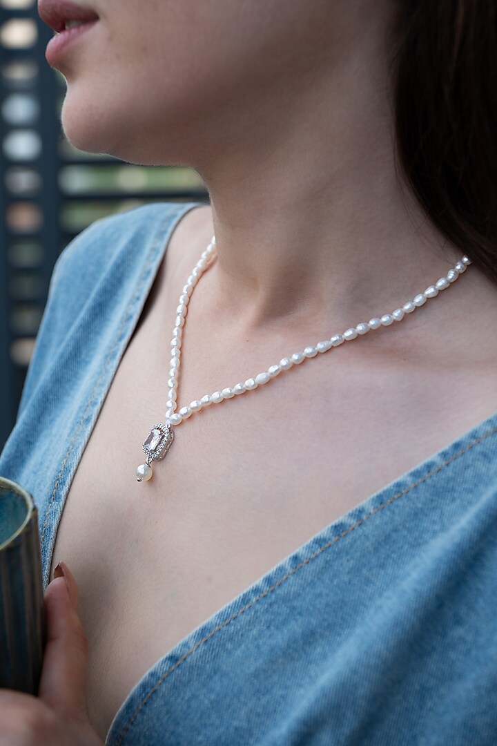 Rhodium Plated Faux Diamond & Pearl Necklace by Do Taara at Pernia's Pop Up Shop