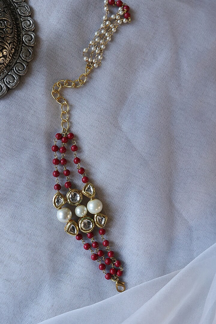 Gold Plated Orange Kundan Polki & Pearl Bracelet by Do Taara at Pernia's Pop Up Shop