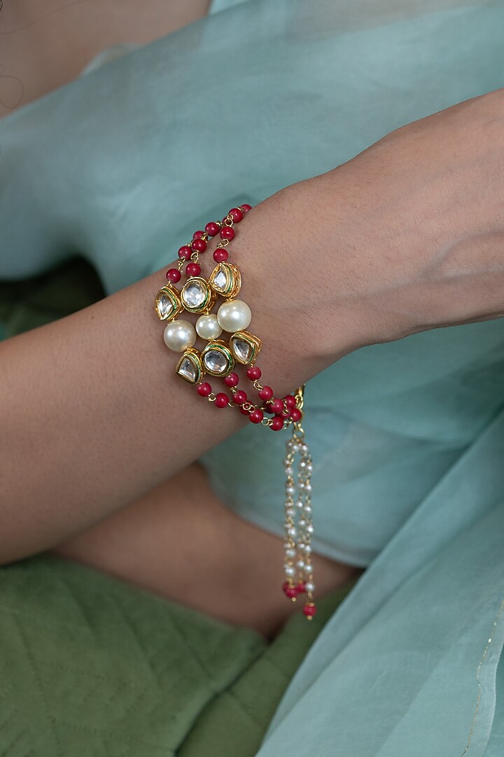Gold Plated Orange Kundan Polki & Pearl Bracelet by Do Taara at Pernia's Pop Up Shop