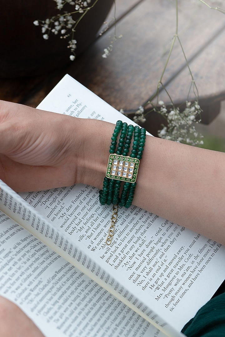 Gold Plated Green Kundan Polki & Natural Stone Bracelet by Do Taara at Pernia's Pop Up Shop
