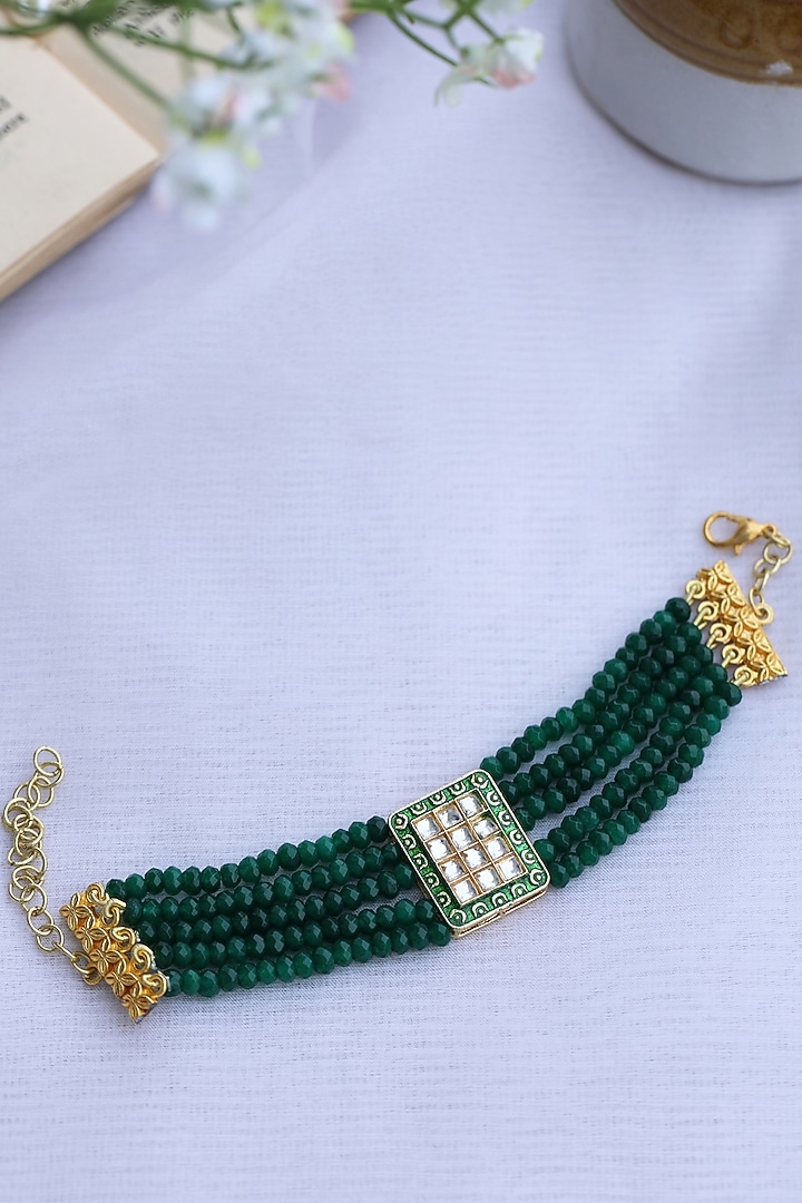 Gold Plated Green Kundan Polki & Natural Stone Bracelet by Do Taara at Pernia's Pop Up Shop