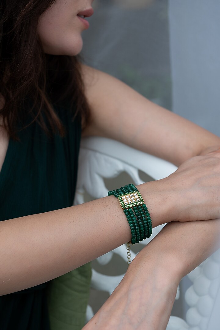 Gold Plated Green Kundan Polki & Natural Stone Bracelet by Do Taara at Pernia's Pop Up Shop