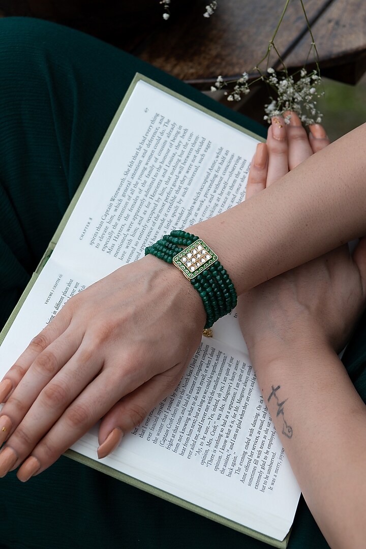 Gold Plated Green Kundan Polki & Natural Stone Bracelet by Do Taara at Pernia's Pop Up Shop