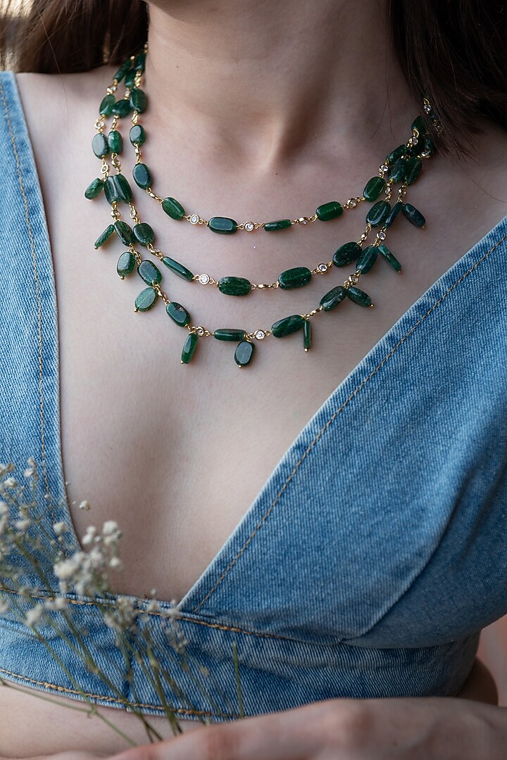 Gold Plated Green Natural Stone Layered Necklace by Do Taara at Pernia's Pop Up Shop