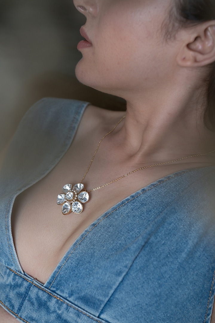 Gold Plated Kundan Polki Polki Floral Pendant Necklace by Do Taara at Pernia's Pop Up Shop