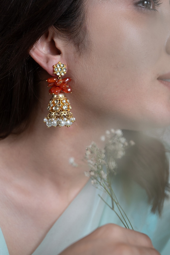 Gold Plated Orange Kundan Polki Jhumka Earrings Design by Do Taara at