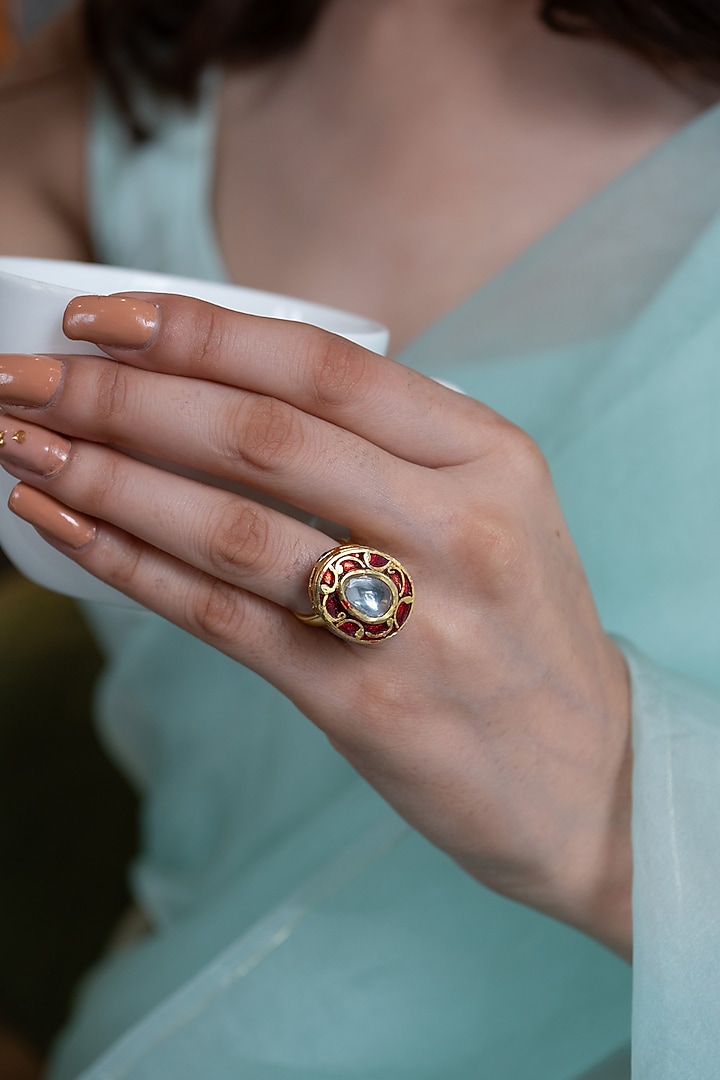 Gold Plated Red Kundan Polki Stone Ring by Do Taara at Pernia's Pop Up Shop