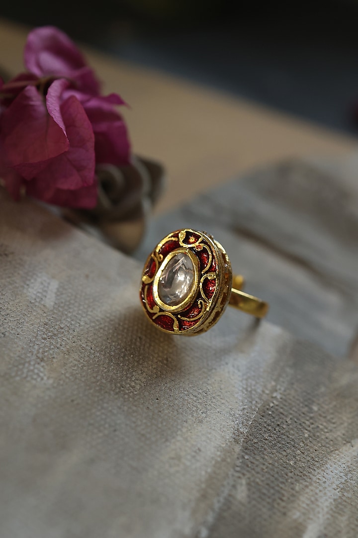 Gold Plated Red Kundan Polki Stone Ring by Do Taara at Pernia's Pop Up Shop