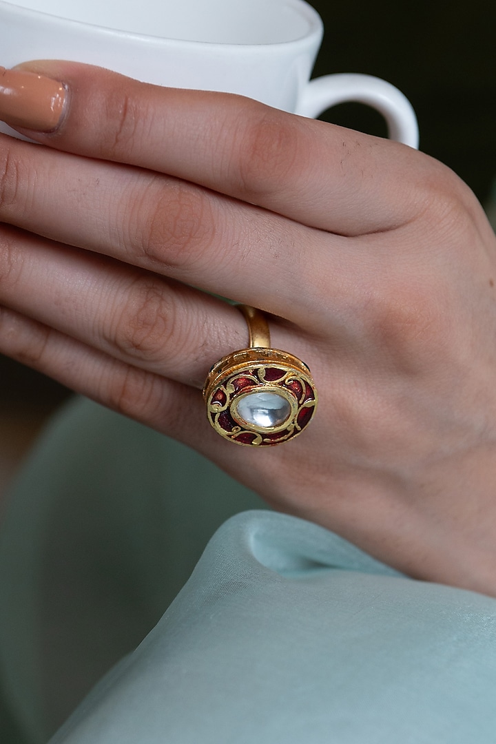 Gold Plated Red Kundan Polki Stone Ring by Do Taara at Pernia's Pop Up Shop