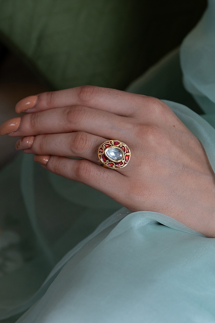 Gold Plated Red Kundan Polki Stone Ring by Do Taara at Pernia's Pop Up Shop