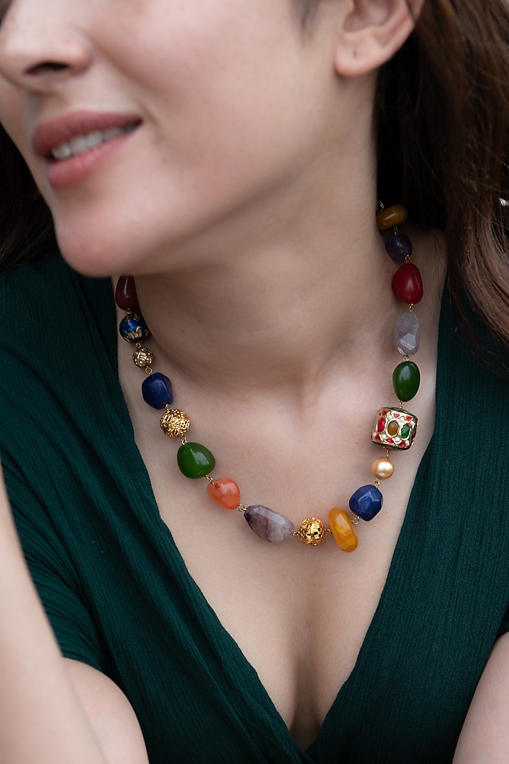Gold Plated Navratna Stone Necklace by Do Taara at Pernia's Pop Up Shop