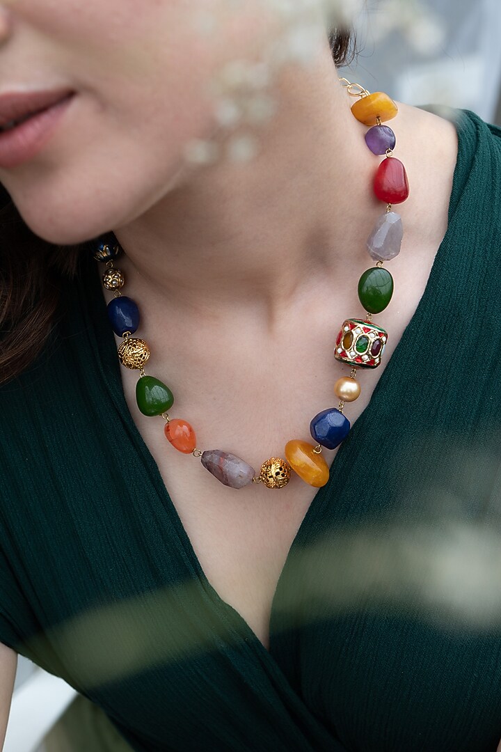 Gold Plated Navratna Stone Necklace by Do Taara at Pernia's Pop Up Shop