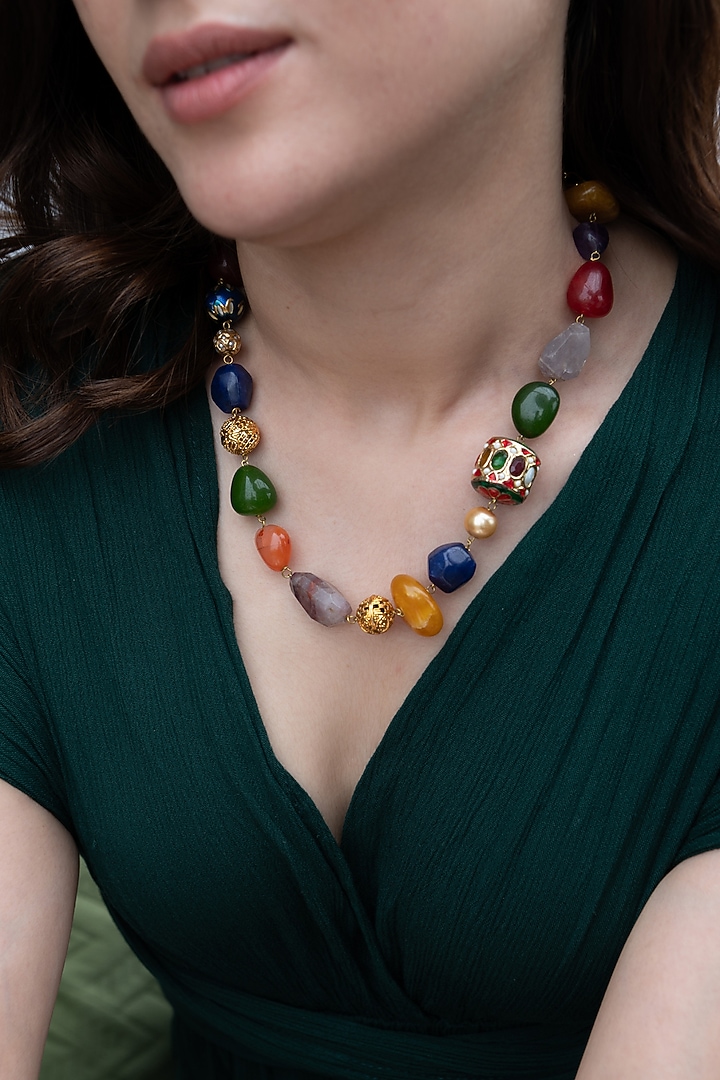 Gold Plated Navratna Stone Necklace by Do Taara at Pernia's Pop Up Shop