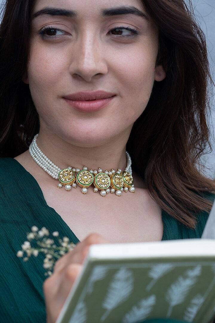 Gold Plated Kundan Polki Stone & Pearl Choker Necklace by Do Taara at Pernia's Pop Up Shop