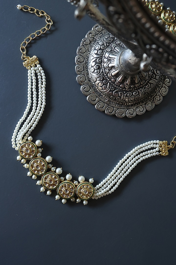 Gold Plated Kundan Polki Stone & Pearl Choker Necklace by Do Taara at Pernia's Pop Up Shop