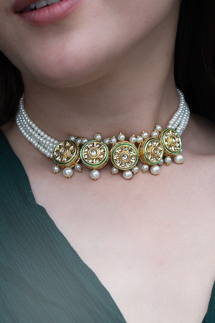 Gold Plated Kundan Polki Stone & Pearl Choker Necklace by Do Taara at Pernia's Pop Up Shop