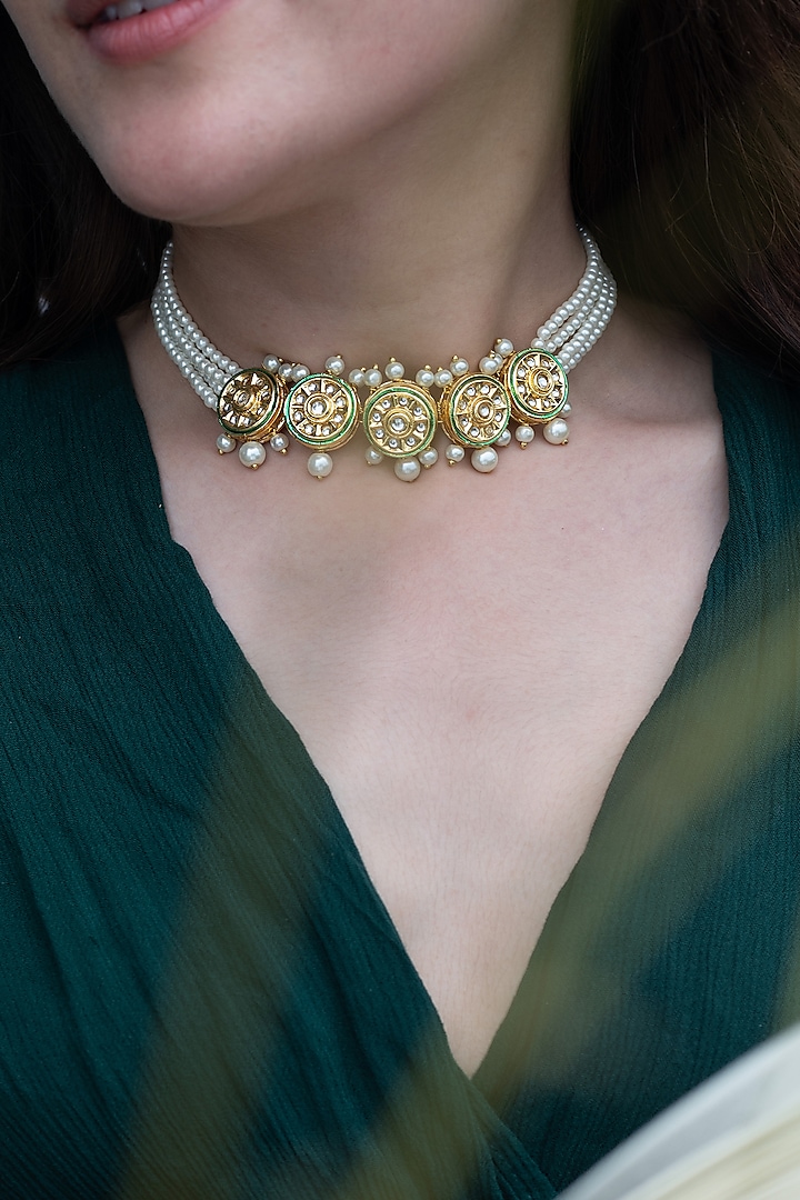 Gold Plated Kundan Polki Stone & Pearl Choker Necklace by Do Taara at Pernia's Pop Up Shop