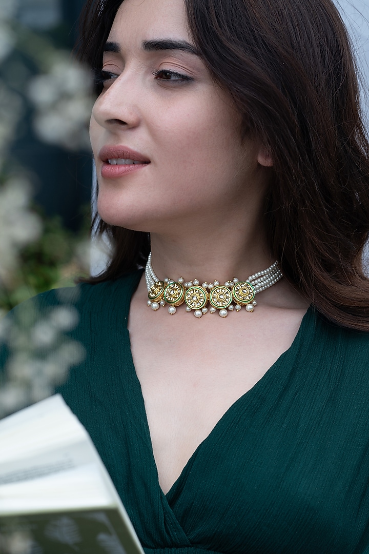 Gold Plated Kundan Polki Stone & Pearl Choker Necklace by Do Taara at Pernia's Pop Up Shop