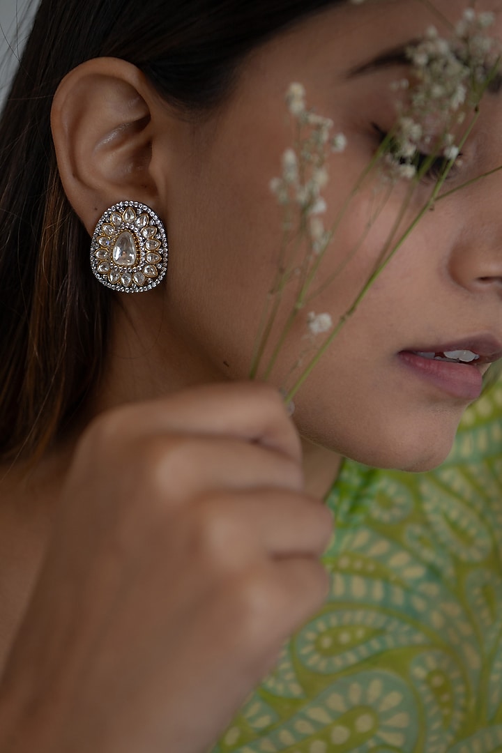 Two-Tone Plated Kundan Polki & Cubic Zirconia Stud Earrings by Do Taara at Pernia's Pop Up Shop