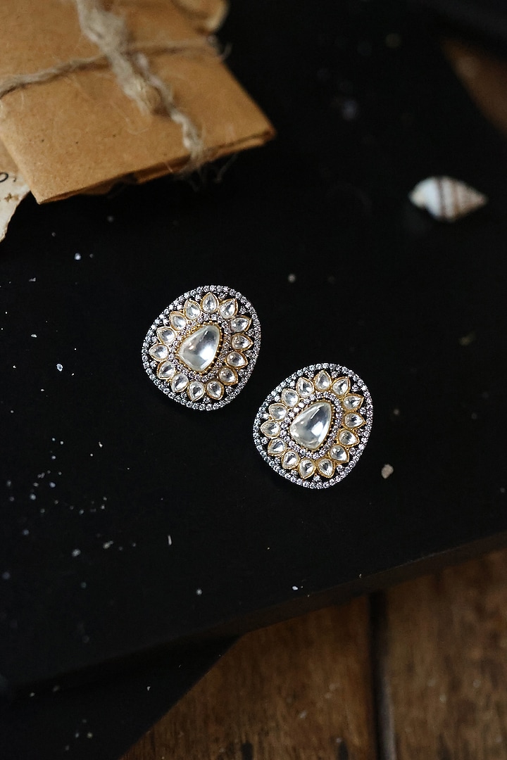 Two-Tone Plated Kundan Polki & Cubic Zirconia Stud Earrings by Do Taara at Pernia's Pop Up Shop