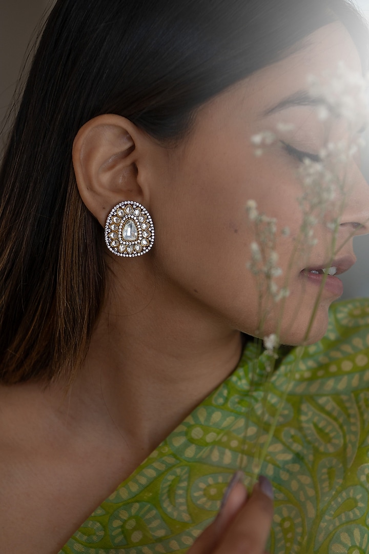 Two-Tone Plated Kundan Polki & Cubic Zirconia Stud Earrings by Do Taara at Pernia's Pop Up Shop