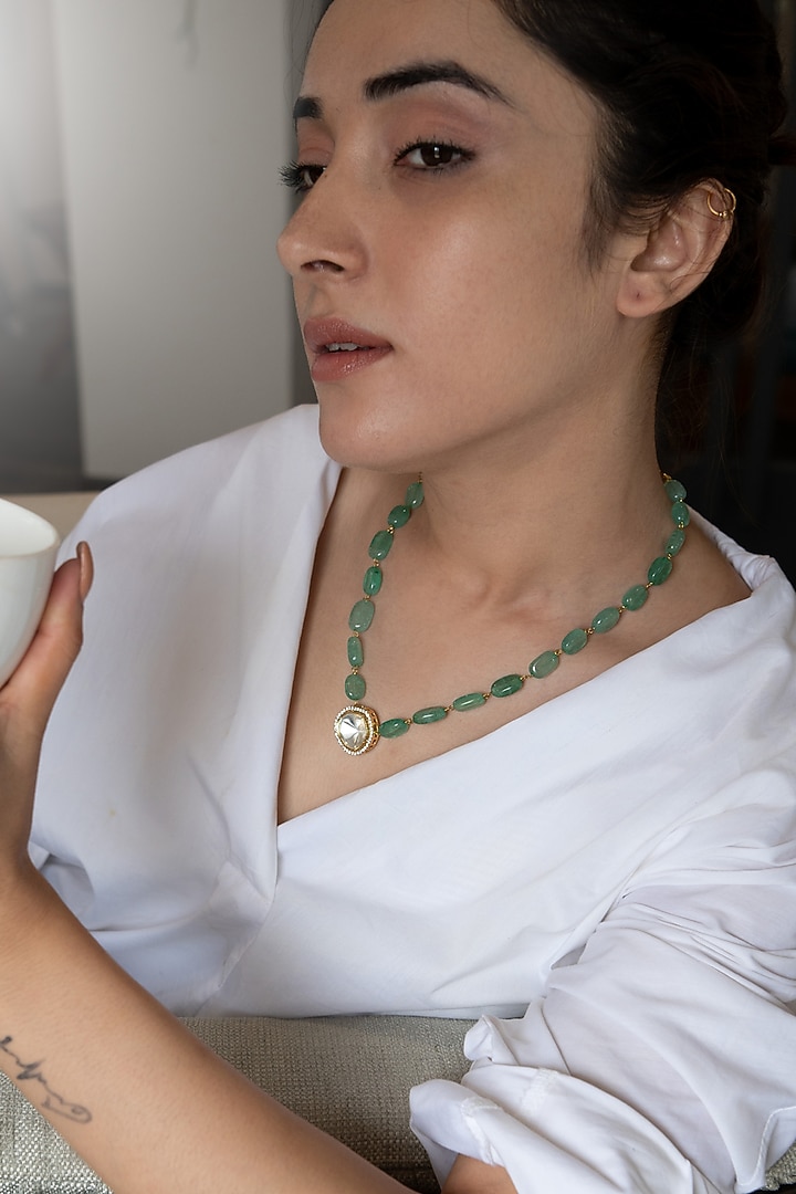 Gold Plated Turquoise Natural Stone & Kundan Polki Necklace by Do Taara at Pernia's Pop Up Shop
