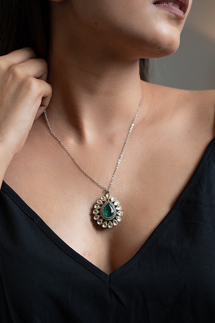 Gold Plated Emerald Green Stone & Kundan Polki Necklace by Do Taara at Pernia's Pop Up Shop