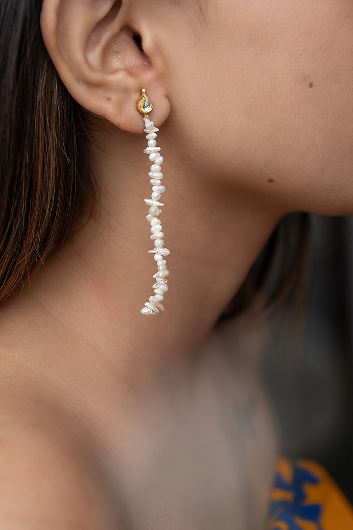 Gold Plated Kundan Polki & Pearl Dangler Earrings by Do Taara at Pernia's Pop Up Shop