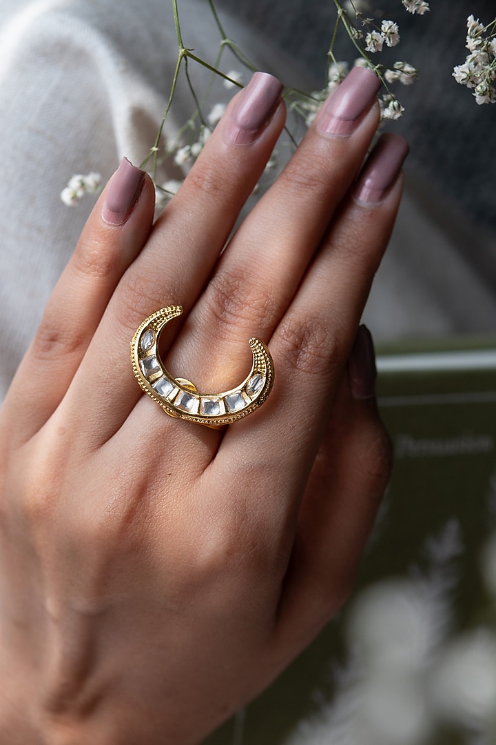 Gold Plated Kundan Polki Crescent Ring by Do Taara at Pernia's Pop Up Shop