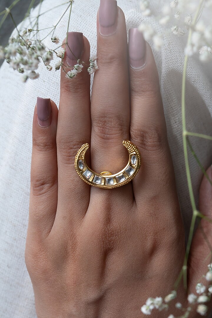 Gold Plated Kundan Polki Crescent Ring by Do Taara at Pernia's Pop Up Shop