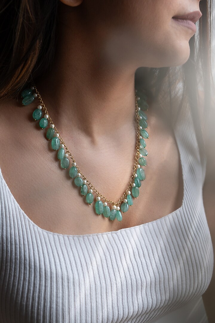 Gold Plated Mint Agate Stone & Freshwater Pearl Necklace by Do Taara at Pernia's Pop Up Shop