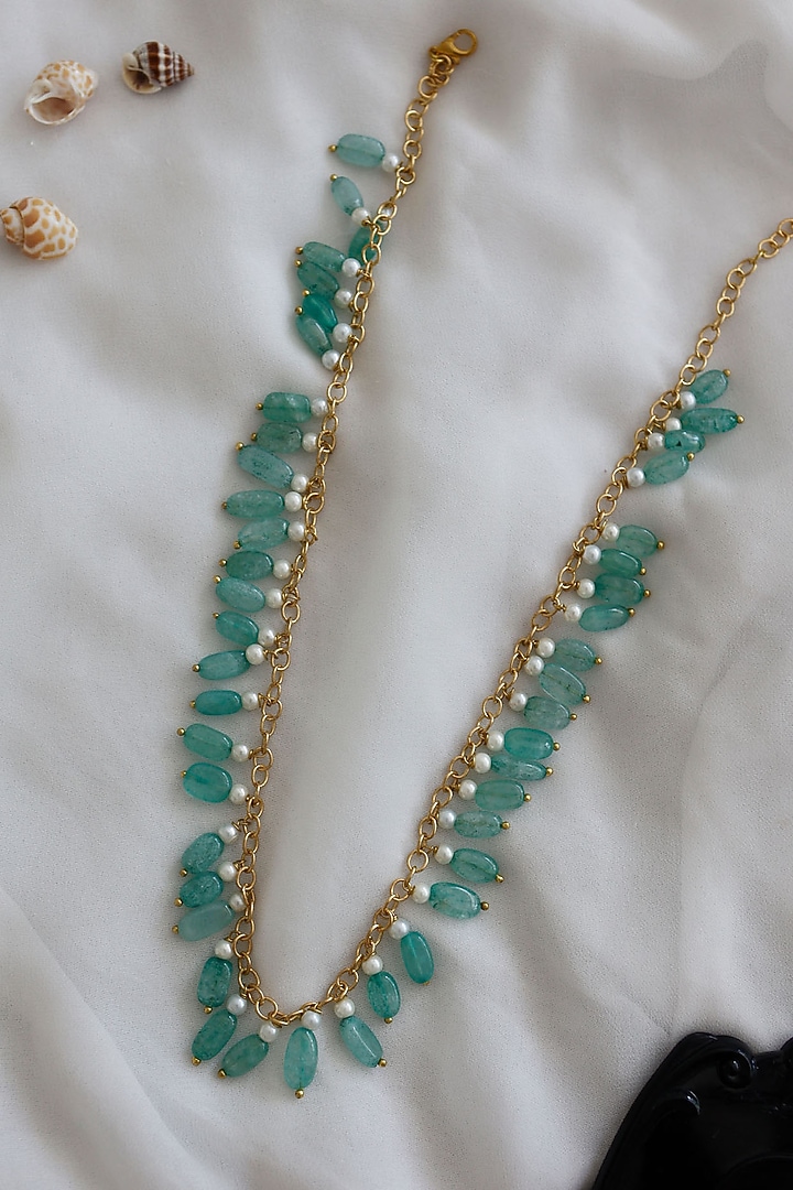 Gold Plated Mint Agate Stone & Freshwater Pearl Necklace by Do Taara at Pernia's Pop Up Shop