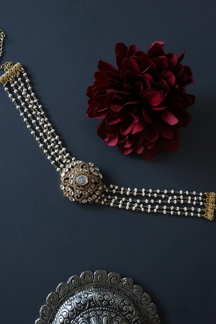 Gold Plated Kundan Polki & Pearl Choker Necklace by Do Taara at Pernia's Pop Up Shop