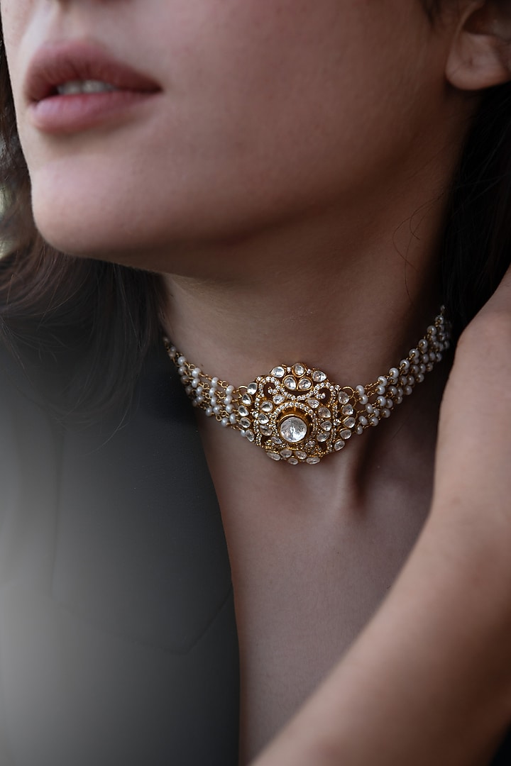 Gold Plated Kundan Polki & Pearl Choker Necklace by Do Taara at Pernia's Pop Up Shop