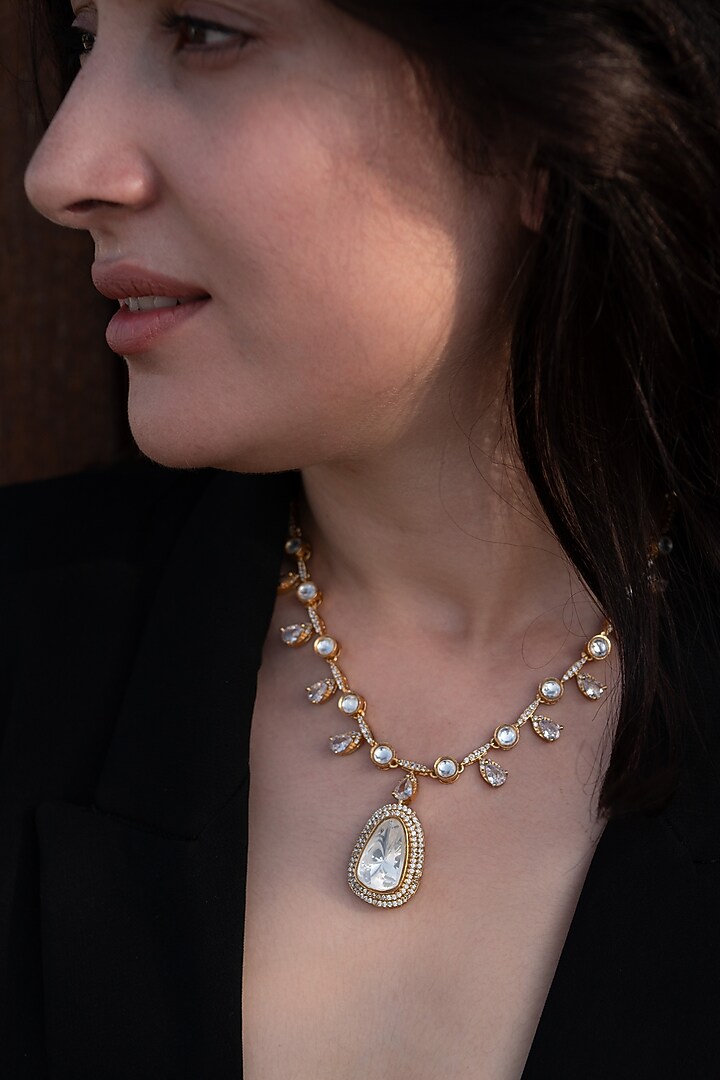 Gold Plated Cubic Zirconia & Kundan Polki Necklace Set by Do Taara at Pernia's Pop Up Shop