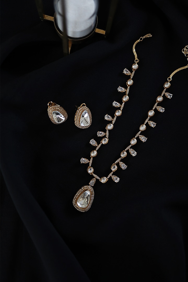 Gold Plated Cubic Zirconia & Kundan Polki Necklace Set by Do Taara at Pernia's Pop Up Shop