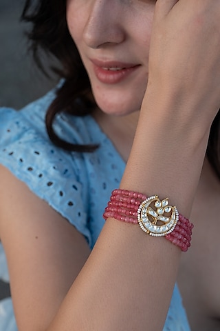 Gold Plated Kundan Polki & Pink Onyx Bracelet by Do Taara